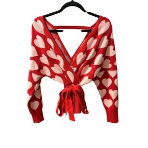 Umgee USA Red Pink Heart Print Wrap Peplum Sweater Long Sleeve Small